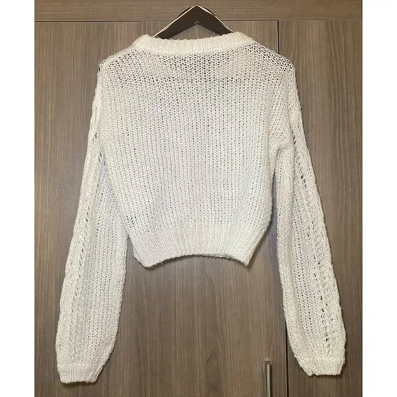 Moon & Madison Womens White Crop Cable Open Knit Sweater Cottage Fairy Layer - Picture 2 of 6